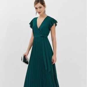 ASOS Green Pleated Maxi Dress Flutter Sleeves Faux Wrap Fully Lined Women's 4